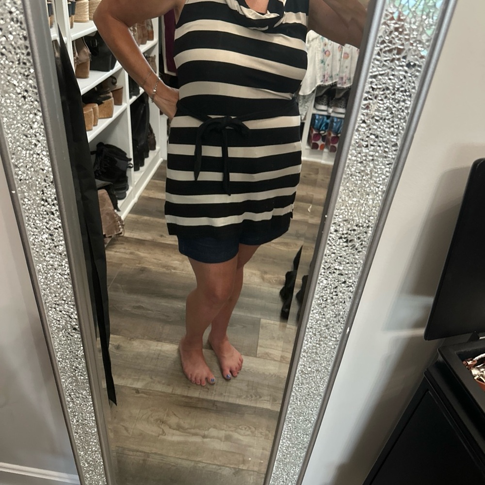 White House Black Market Striped Top in Black and Cream L cowl neck tie